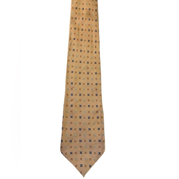 Bill Blass Neo 100% silk tie. Tan with small blue and brown geometric pattern. - Picture 1 of 4